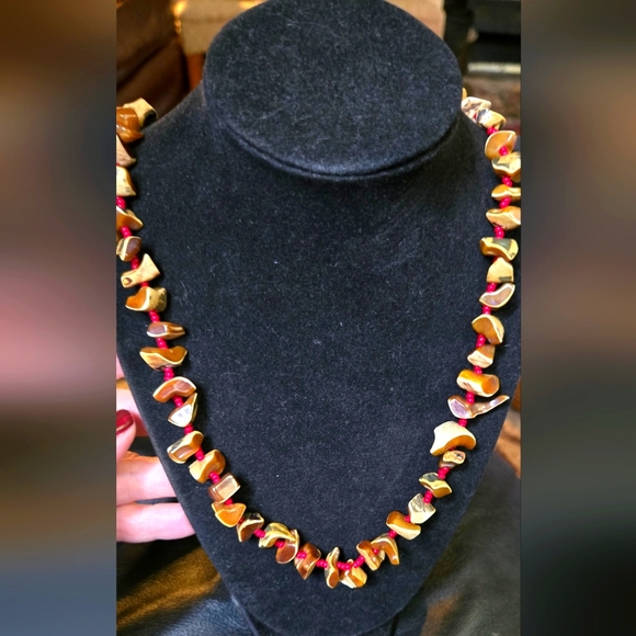 Earth Art hand crafted artisan Jewelry - Petrified wood & red bead vintage Native American handmade necklace